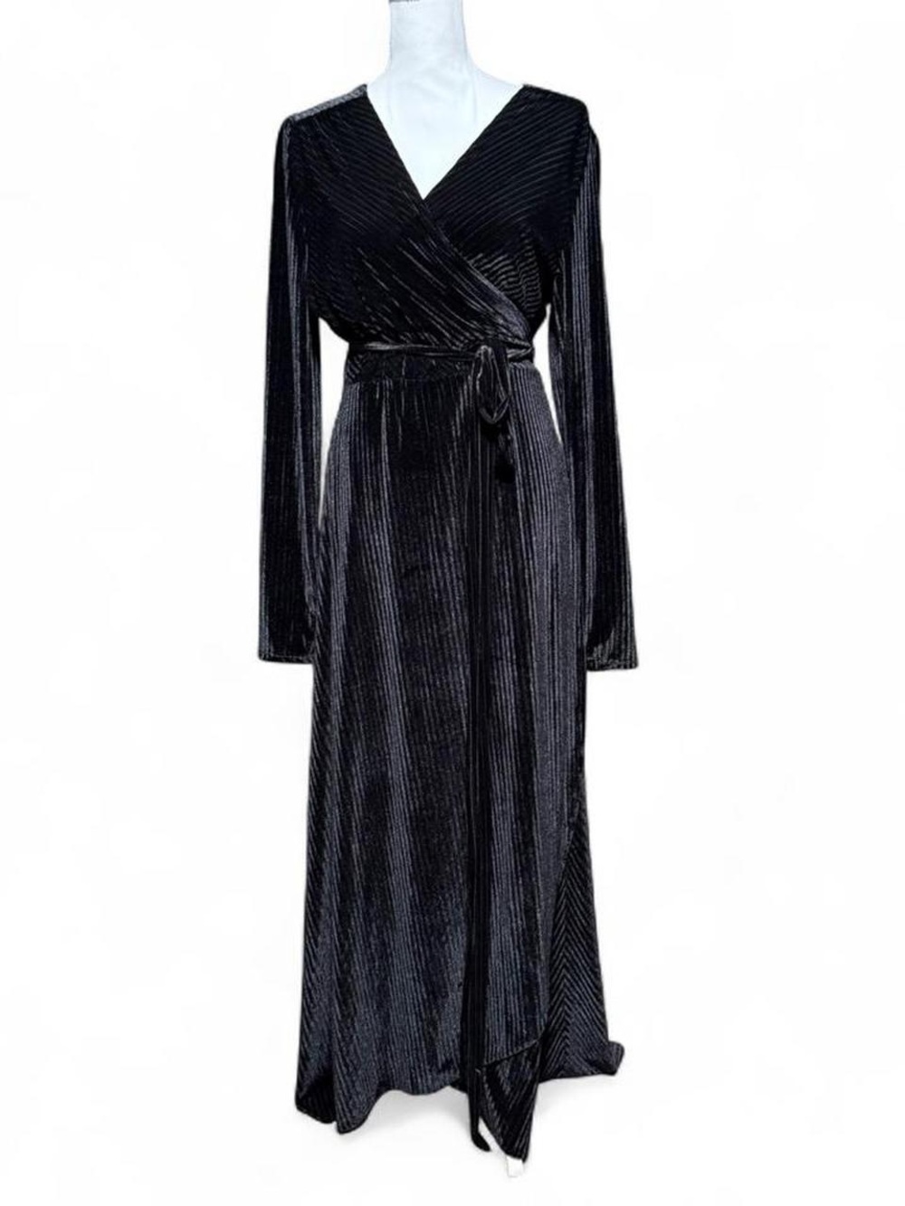 Baltic Born Jada Black Velvet Ribbed Pleated Wrap Dress 2XL Long Sleeve